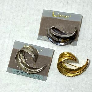Lisner gold and silver tone brush leaf brooch bundle